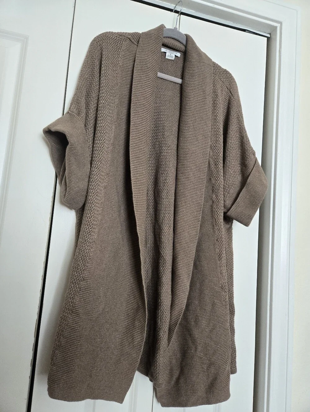 Cozy Open-Front Short Sleeve Cardigan Sweater - Taupe 1X